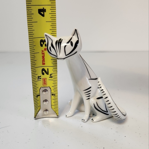 Art Deco Cat Vintage Hollohaza Porcelain Figurine White Black Mid Century Modern - Picture 7 of 8